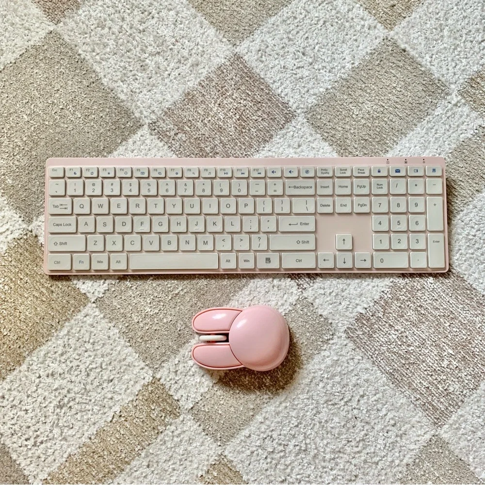 Pink Silent Keyboard with Numbers USB with Dust Cover and Pink Bunny Mouse USB